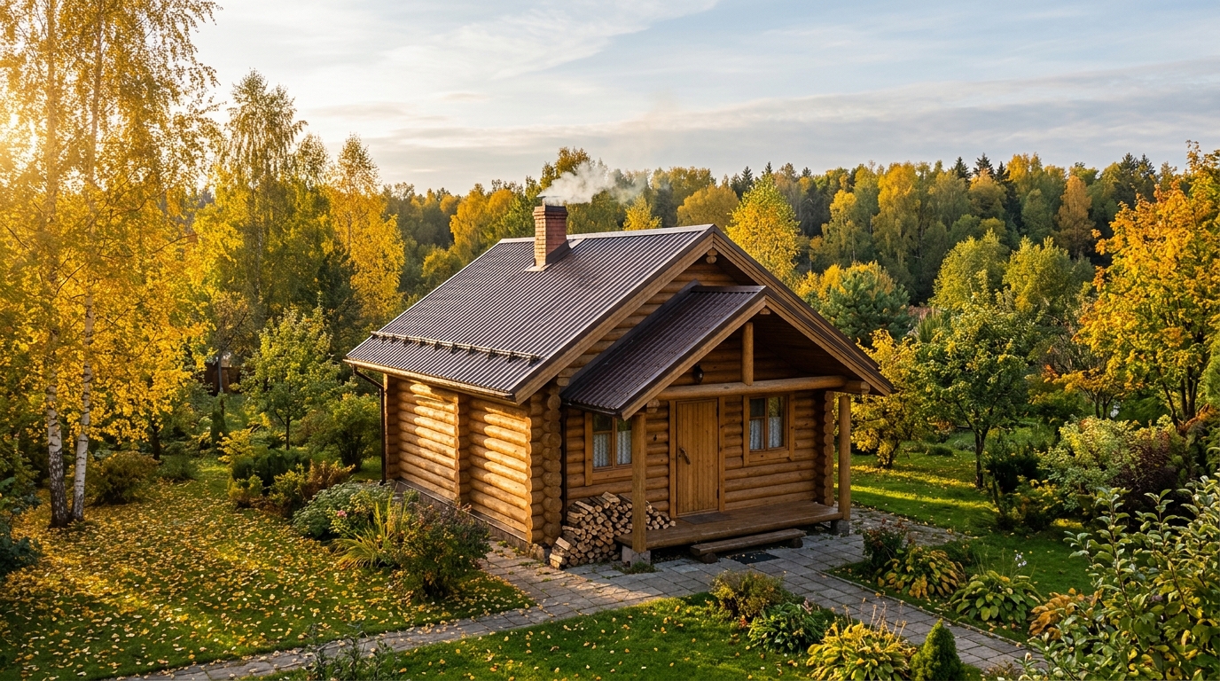 Фото деревянной бани из бруса на дачном участке с дымящей трубой и свежей отделкой
