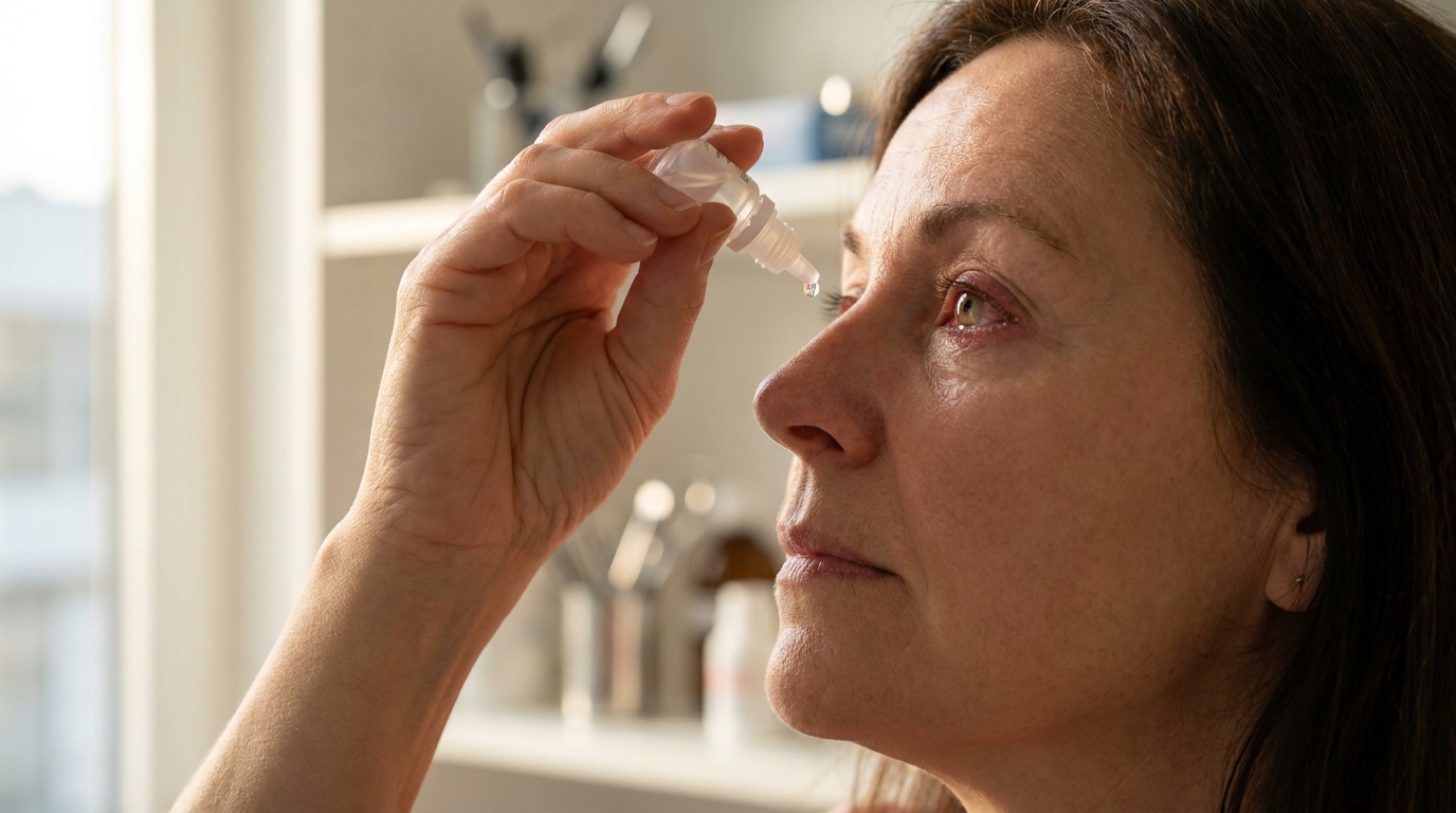 Женщина закапывает капли в глаз после операции на катаракту