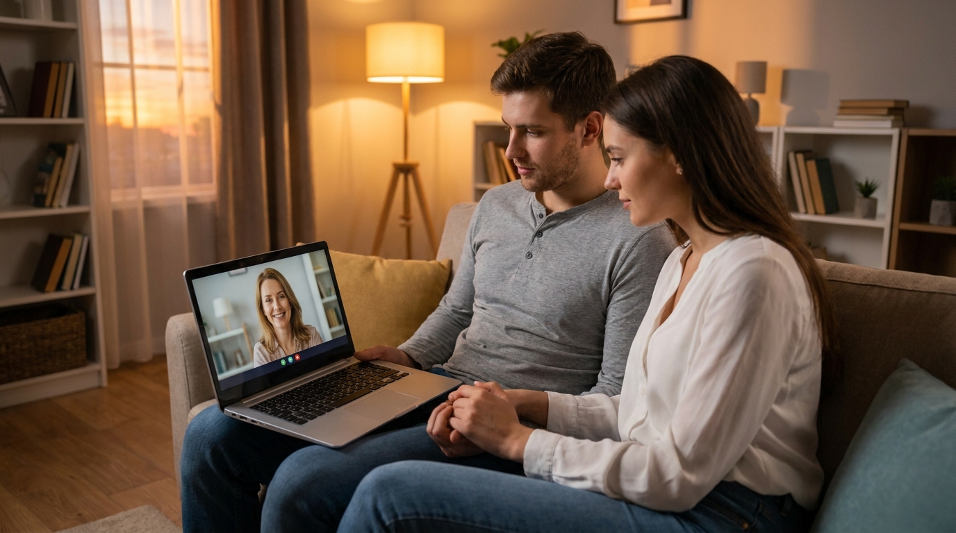 Пара за ноутбуком проводит онлайн-консультацию с семейным психологом