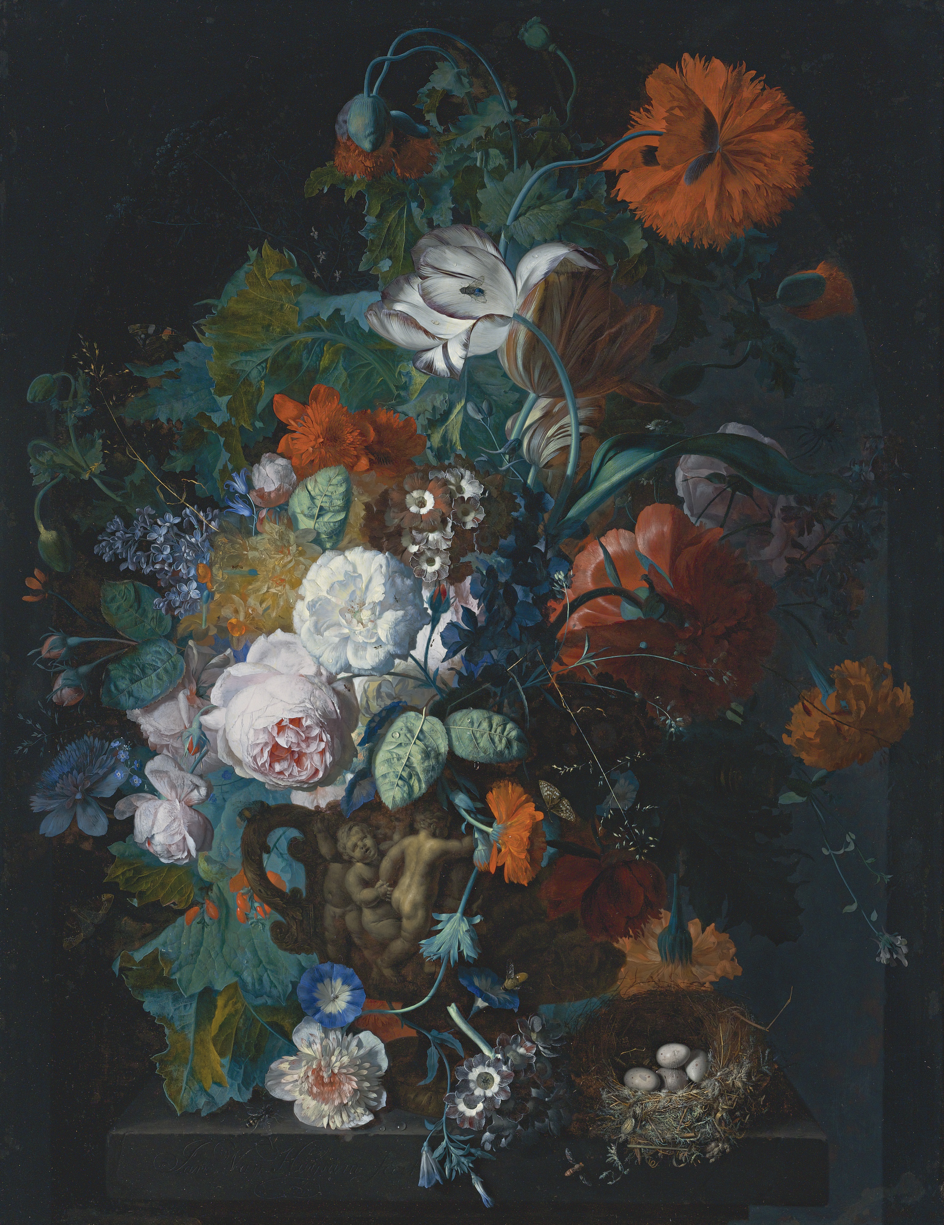 19STILL LIFE OF ROSES, TULIPS, PEONIES AND OTHER FLOWERS IN A SCULPTED STONE VASE, TOGETHER WITH A BIRD'S NEST ON A STONE PEDESTAL BEFORE A NICHE.jpg