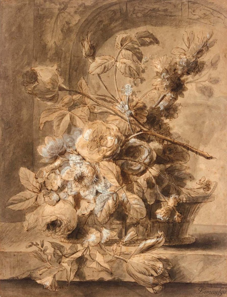 53A BASKET OF FLOWERS ON A LEDGE,.jpg
