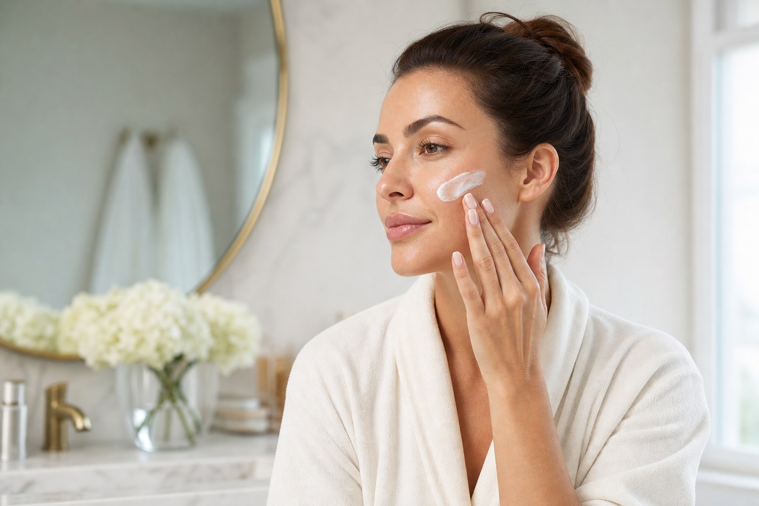 Уход после IPL-фотоомоложения: нанесение SPF-защиты и увлажняющего крема на кожу лица