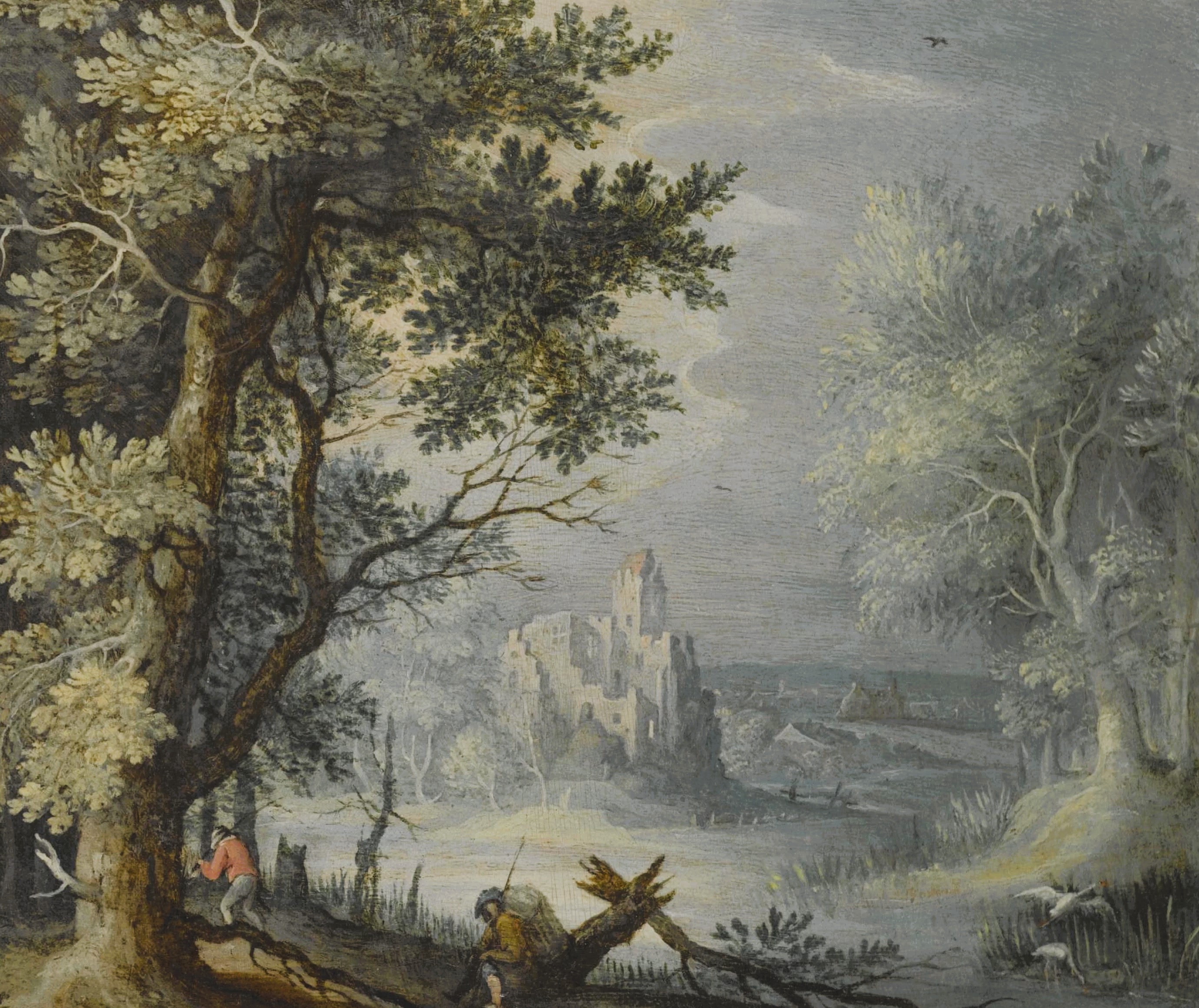 A wooded landscape with a fortified settlement in the distance and figures in the foreground.jpg
