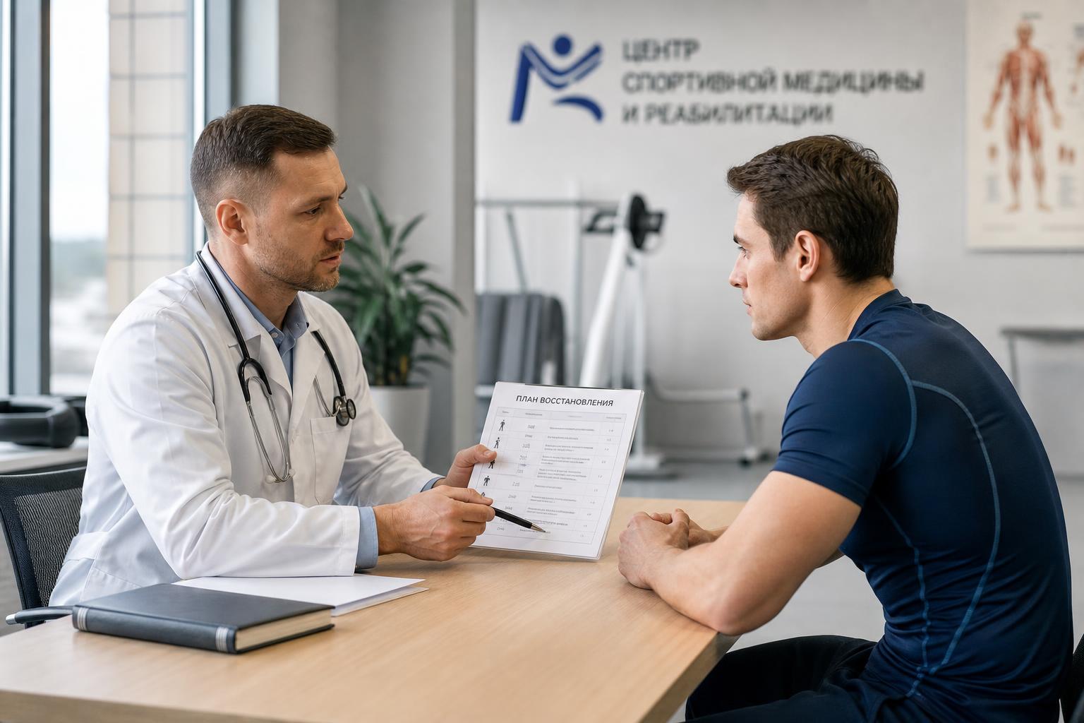 Врач спортивной медицины проводит консультацию с атлетом по выбору методов восстановления в российском реабилитационном центре