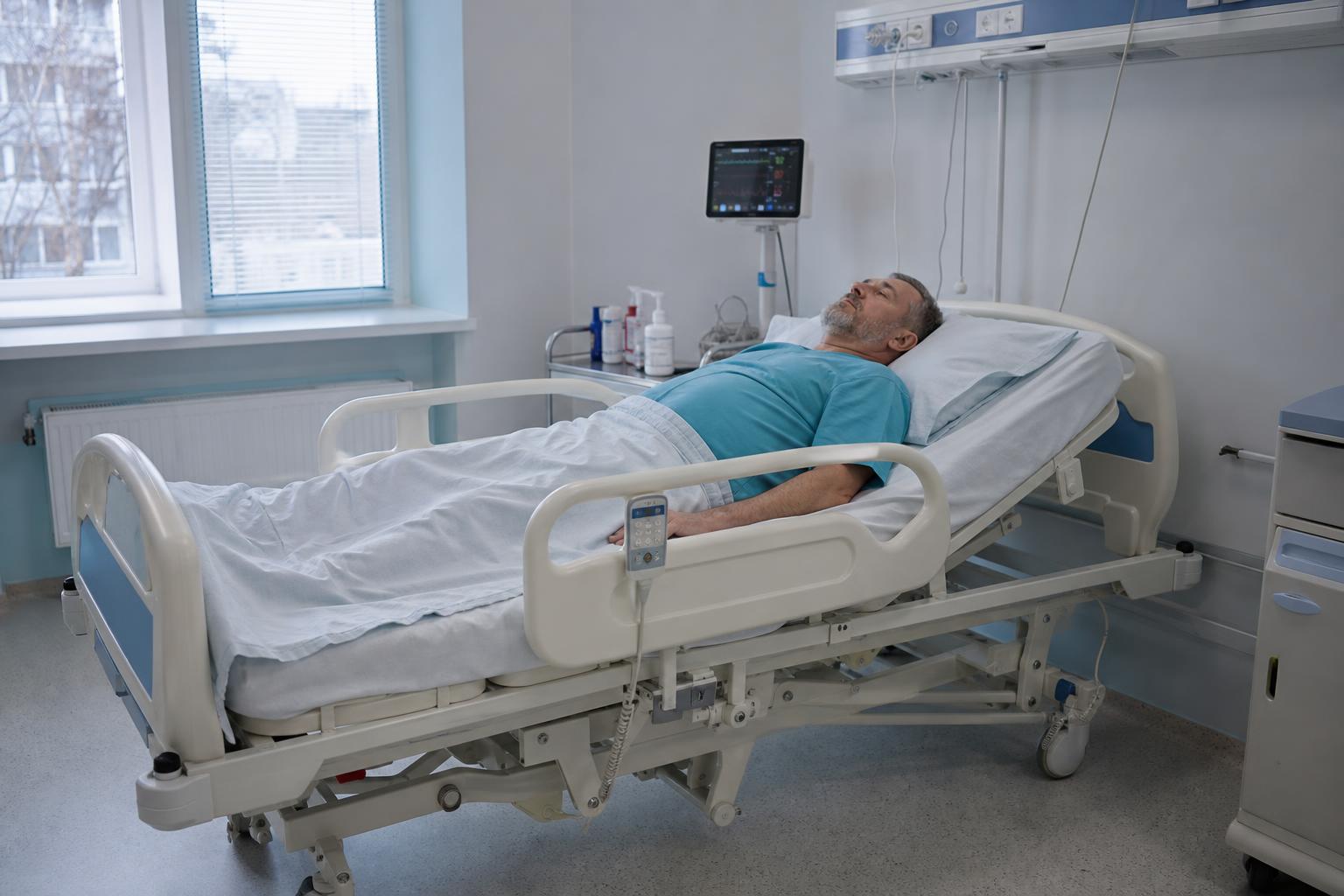 Регулируемая медицинская кровать с боковыми поручнями в палате российской больницы, где пациент удобно расположен для обследования