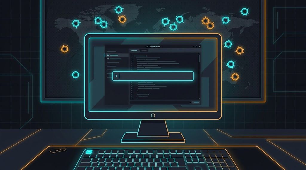 Консоль CS2 с командой sv_showimpacts и маркерами попаданий