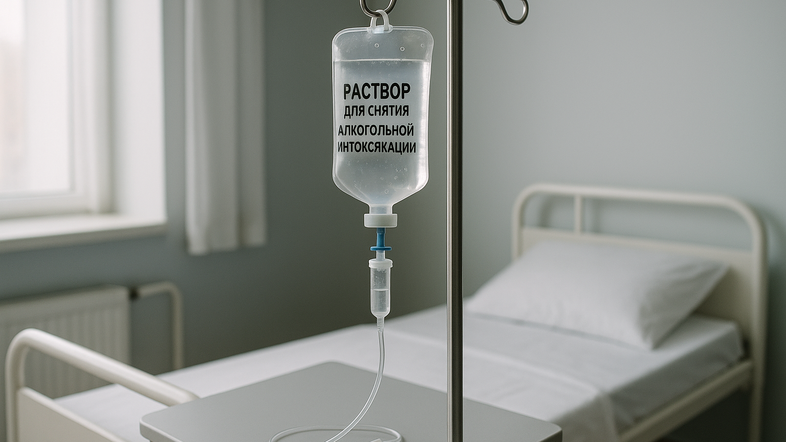 Медицинская капельница с раствором для снятия алкогольной интоксикации на столе в больничной палате.