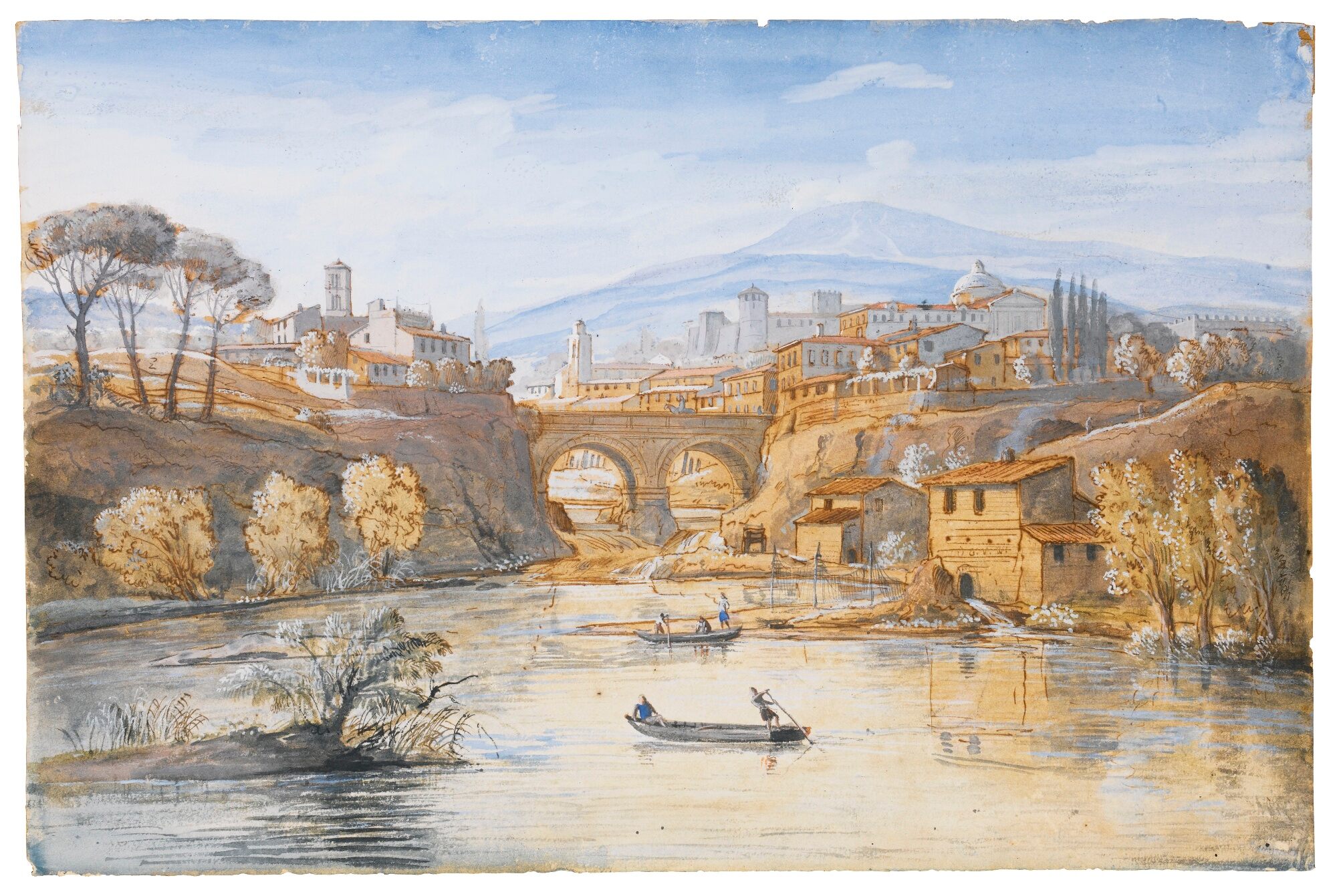 30AN ITALIAN VIEW, WITH A TOWN BY A BRIDGE.jpg