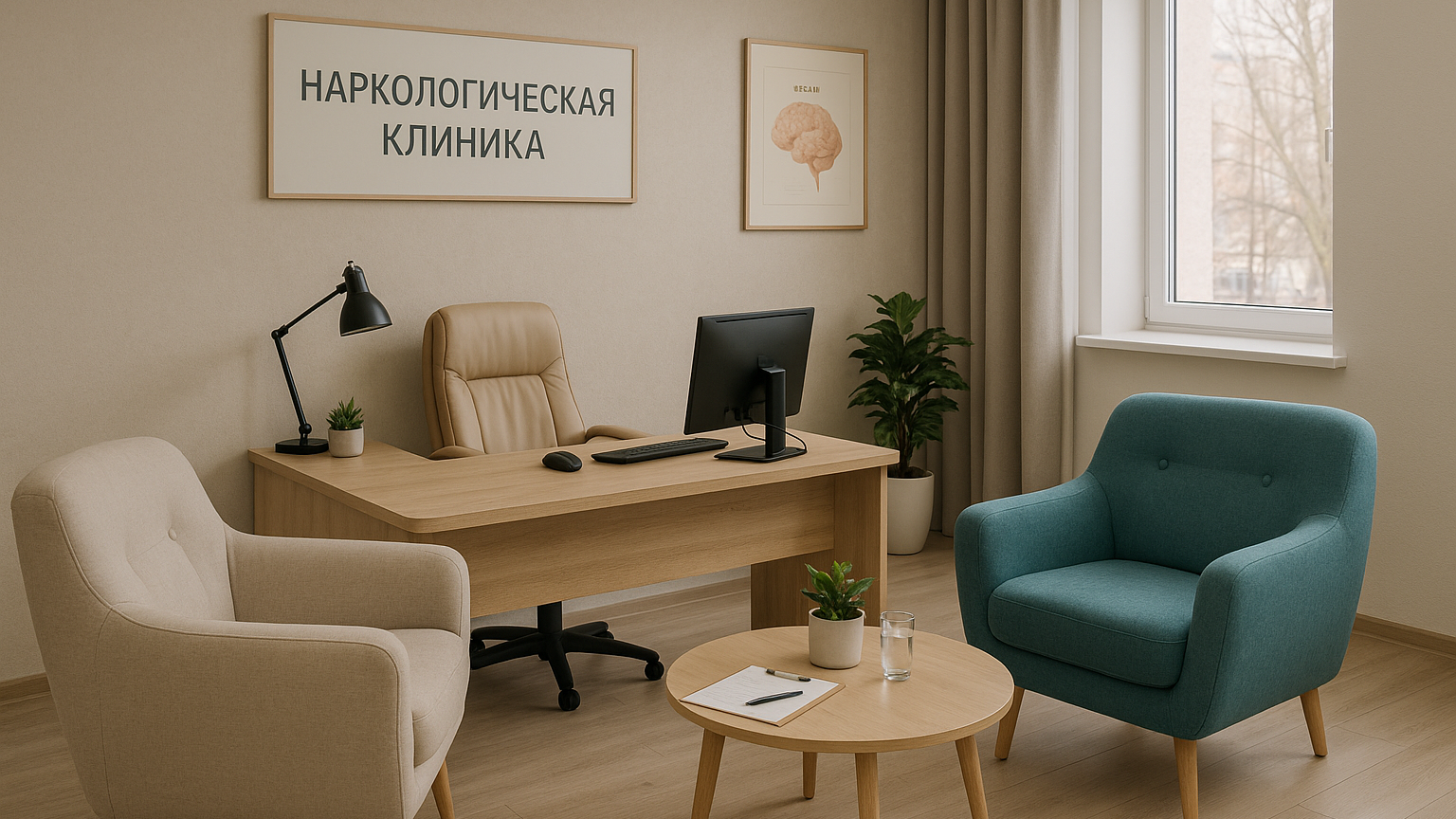 Современный кабинет наркологической клиники с уютной атмосферой и комфортной мебелью, где проходят консультации с пациентами.