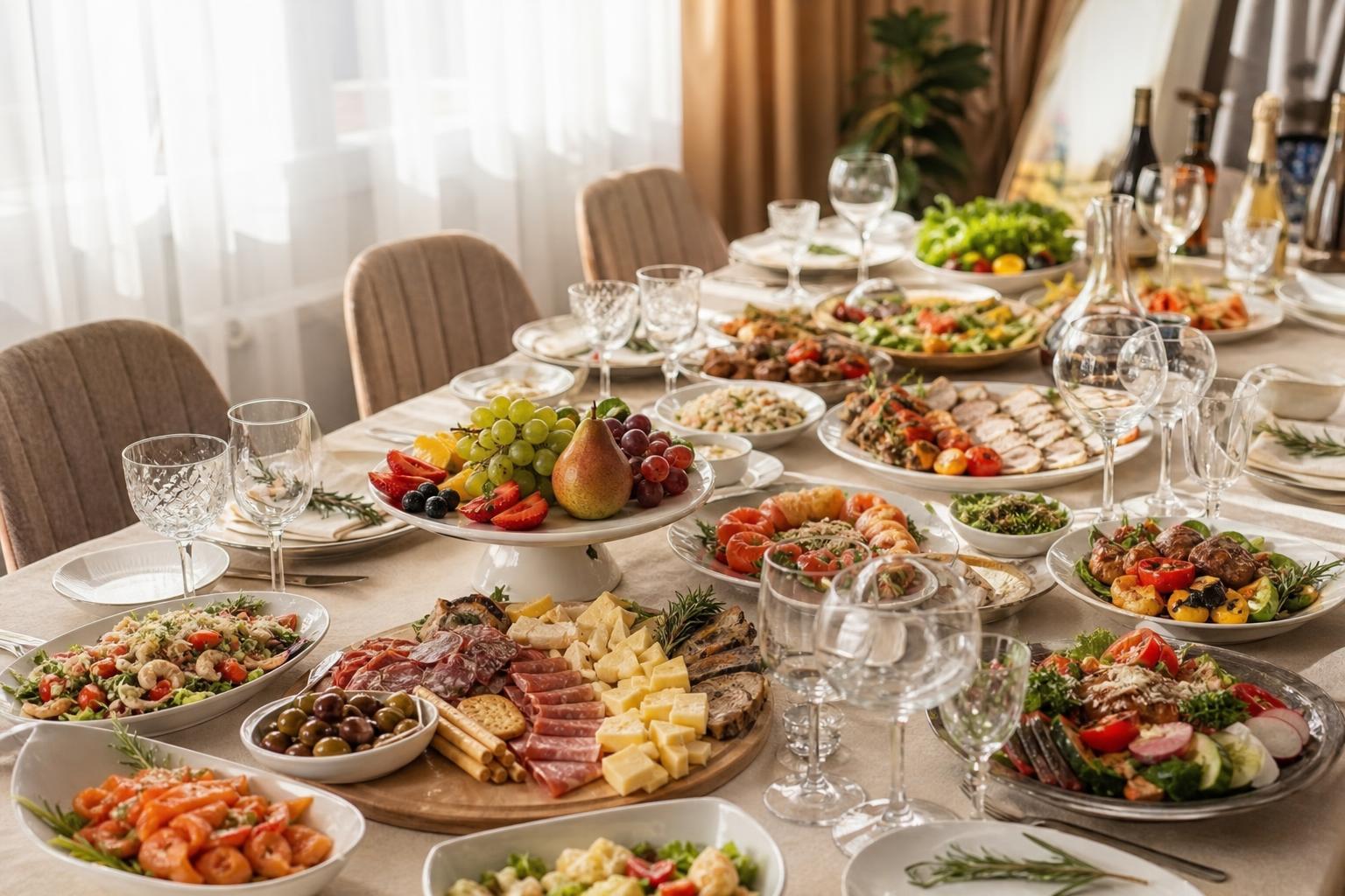 Банкетный стол с разнообразными блюдами для гостей с разными вкусами